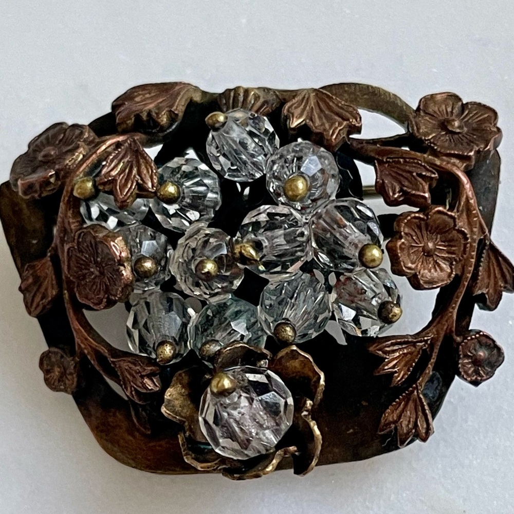 Bronze Floral Crystal Brooch - Clear and Bronze